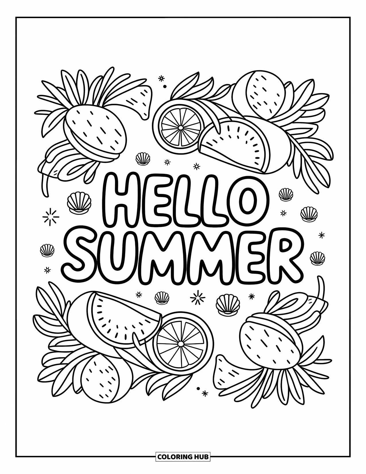 Hello Summer Coloring Page for Adults: A fruity wreath surrounds "Hello Summer" in a cheerful, tropical scene