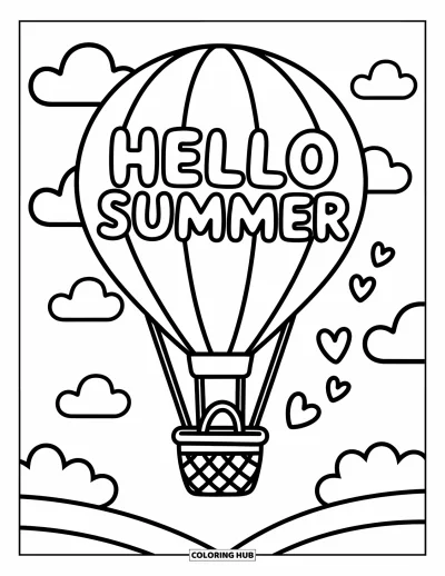 Hello Summer Coloring Page for Adults: A hot air balloon floats by with "Hello Summer" written on it