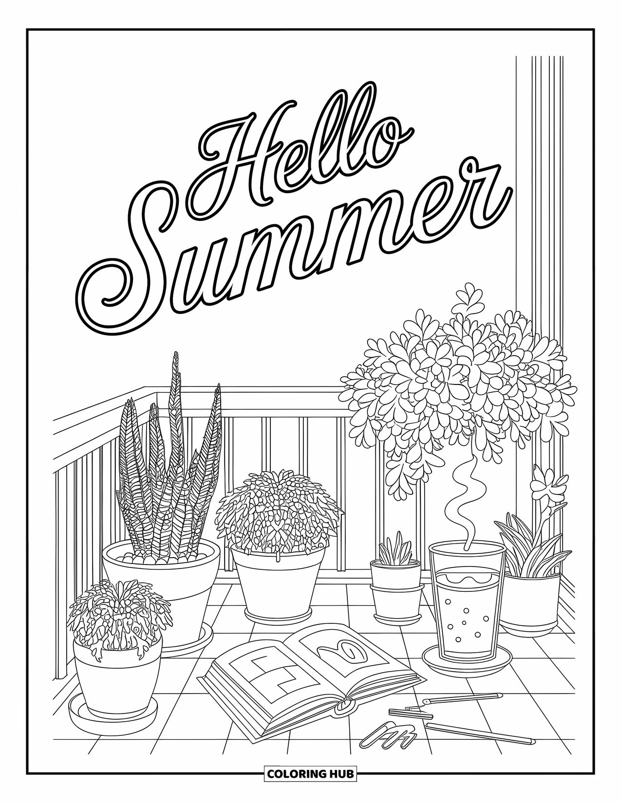 Hello Summer Coloring Page for Adults: A peaceful balcony with potted plants and tea sits below "Hello Summer"