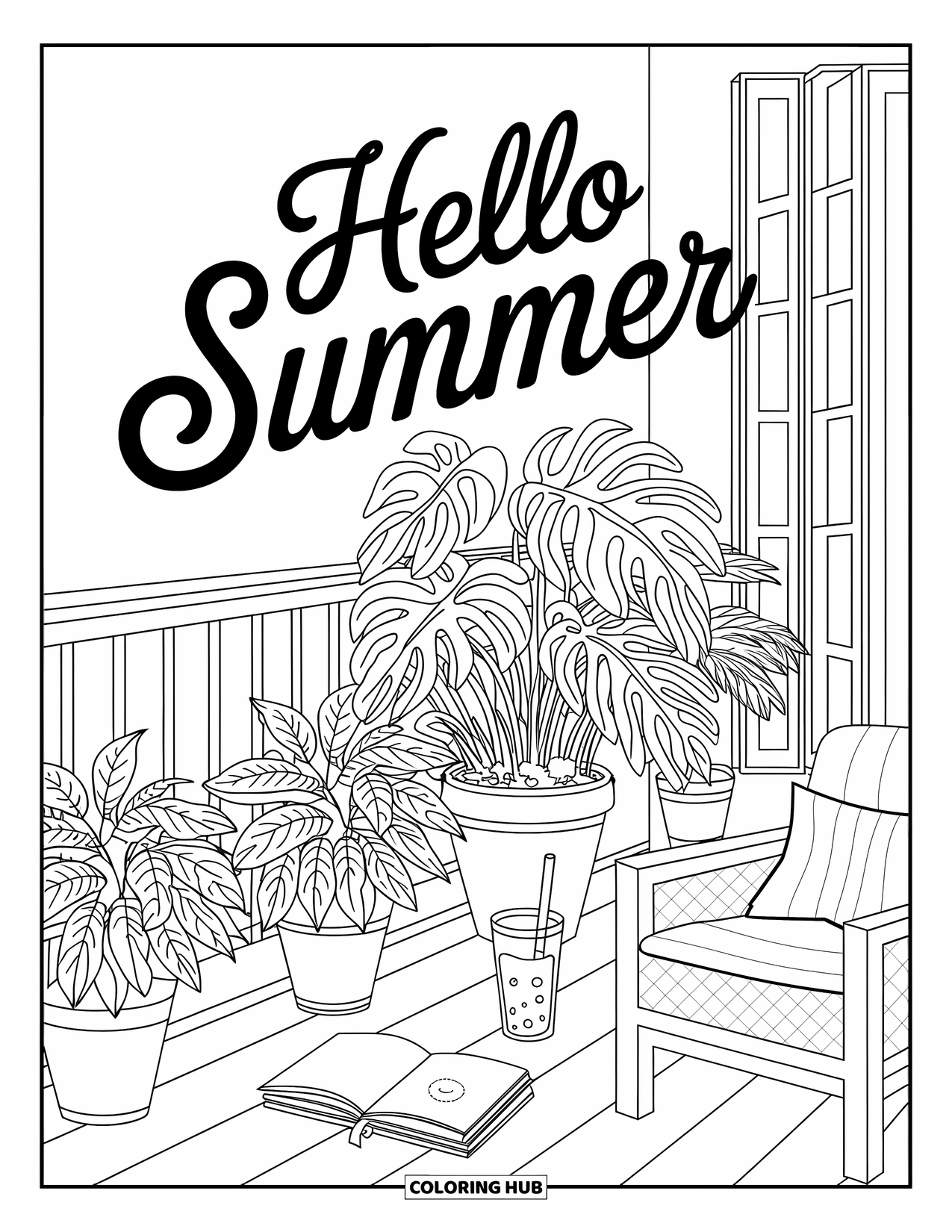 Hello Summer Coloring Page for Adults: "Hello Summer" appears above a cozy balcony with plants, tea, and an open book