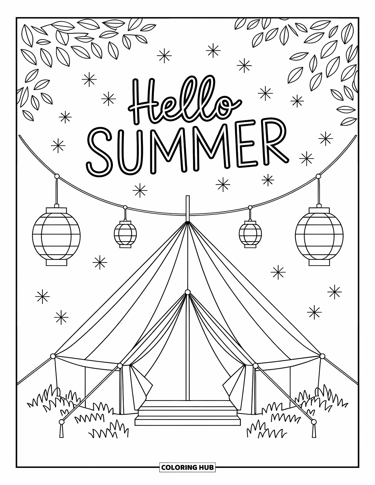 Hello Summer Coloring Page for Adults: "Hello Summer" hangs above a quiet glamping tent under a starlit sky