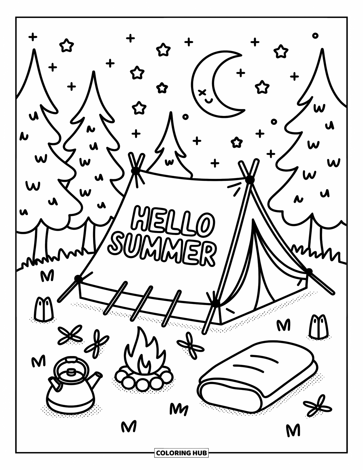 Hello Summer Coloring Page for Adults: "Hello Summer" is written on a tent at a peaceful forest campsite