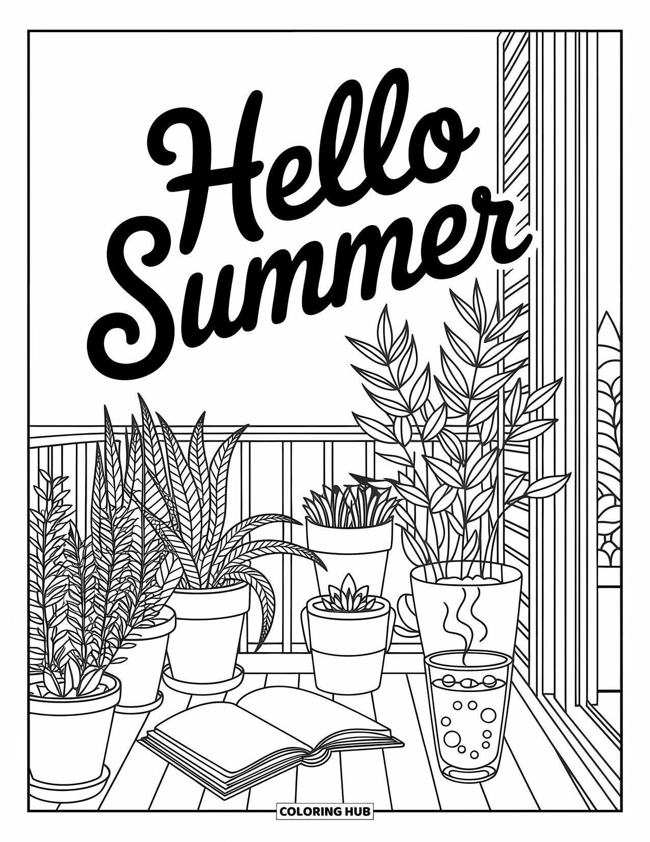 Hello Summer Coloring Page for Adults: "Hello Summer" overlooks a quiet balcony filled with plants and a good book