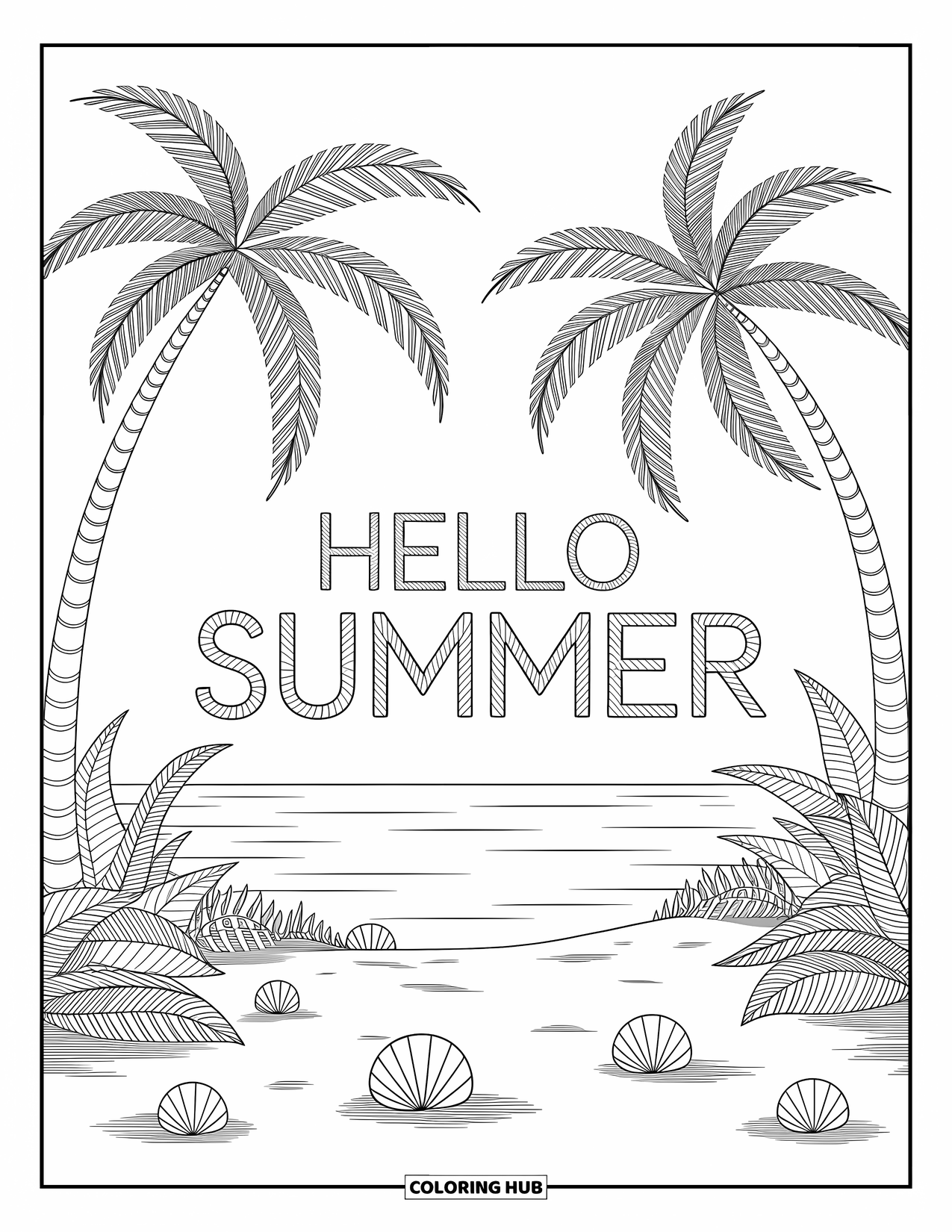 Hello Summer Coloring Page for Adults: "Hello Summer" rests on a serene shore with artistic palms and gentle waves