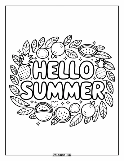 Hello Summer Coloring Page for Adults: "Hello Summer" sits among playful pineapples, watermelons, oranges, and bananas