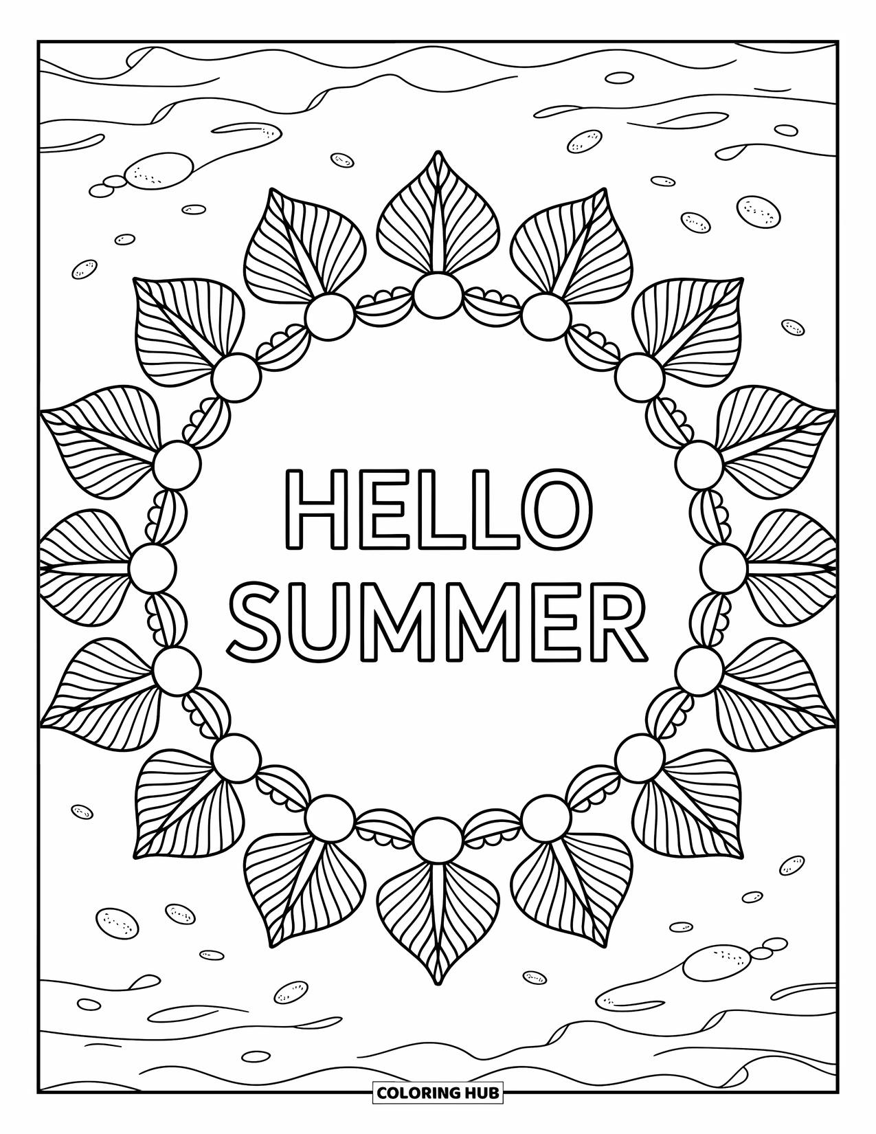 Hello Summer Coloring Page for Adults: "Hello Summer" sits at the center of a peaceful, floral shoreline mandala