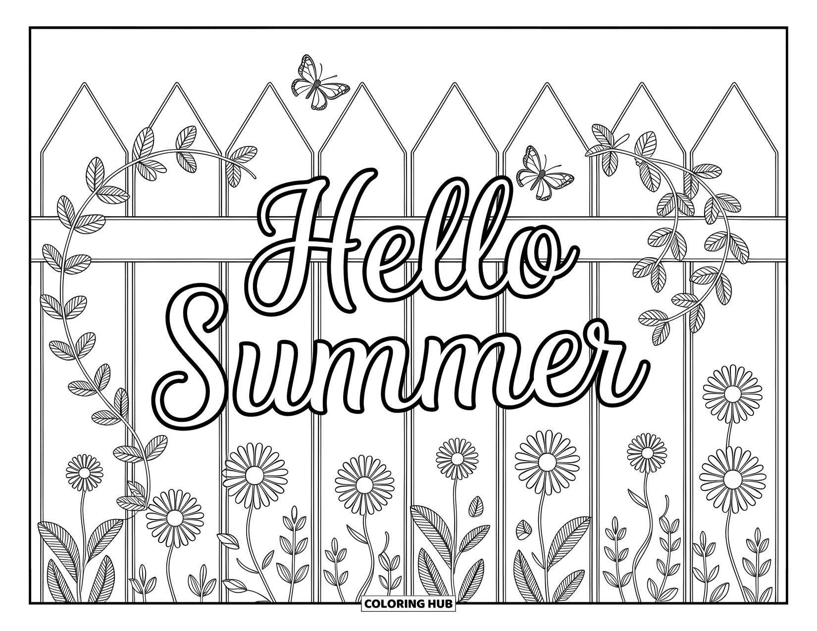 Hello Summer Coloring Page for Adults: "Hello Summer" sits on a fence wrapped in flowers and fluttering butterflies