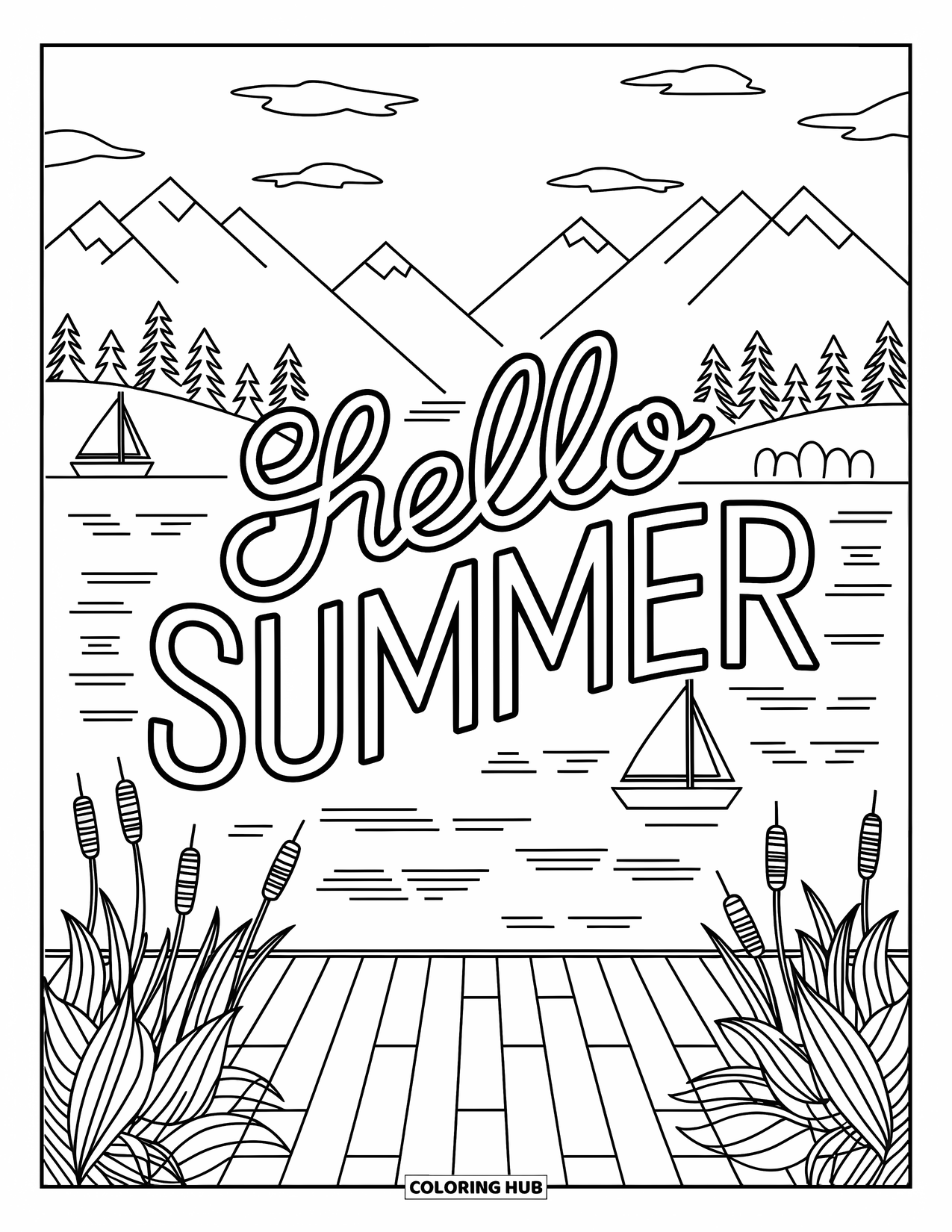 Hello Summer Coloring Page for Adults: Sailboats drift on a lake near a dock that reads "Hello Summer"