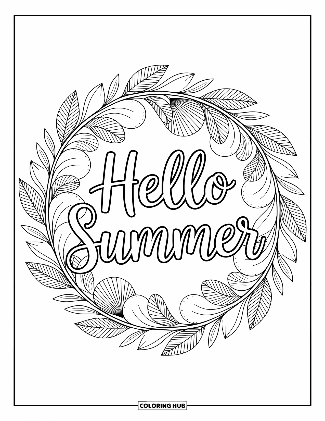 Hello Summer Coloring Page for Adults: Tropical fruit and shells circle the phrase "Hello Summer" in a cozy wreath