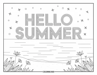 Hello Summer Coloring Page for Adults: Waves and fireflies glow beneath the distant text "Hello Summer" at dusk
