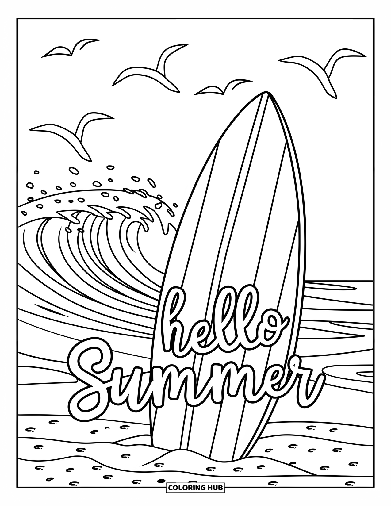 Hello Summer Coloring Page for Kids: A big wave rolls behind a surfboard marked with "Hello Summer"
