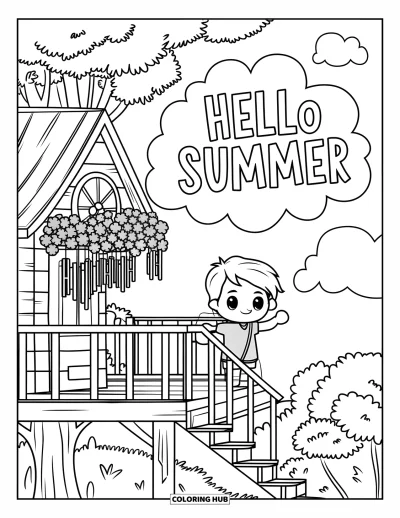Hello Summer Coloring Page for Kids: A cheerful kid waves from a treehouse surrounded by flowers and floating cloud letters