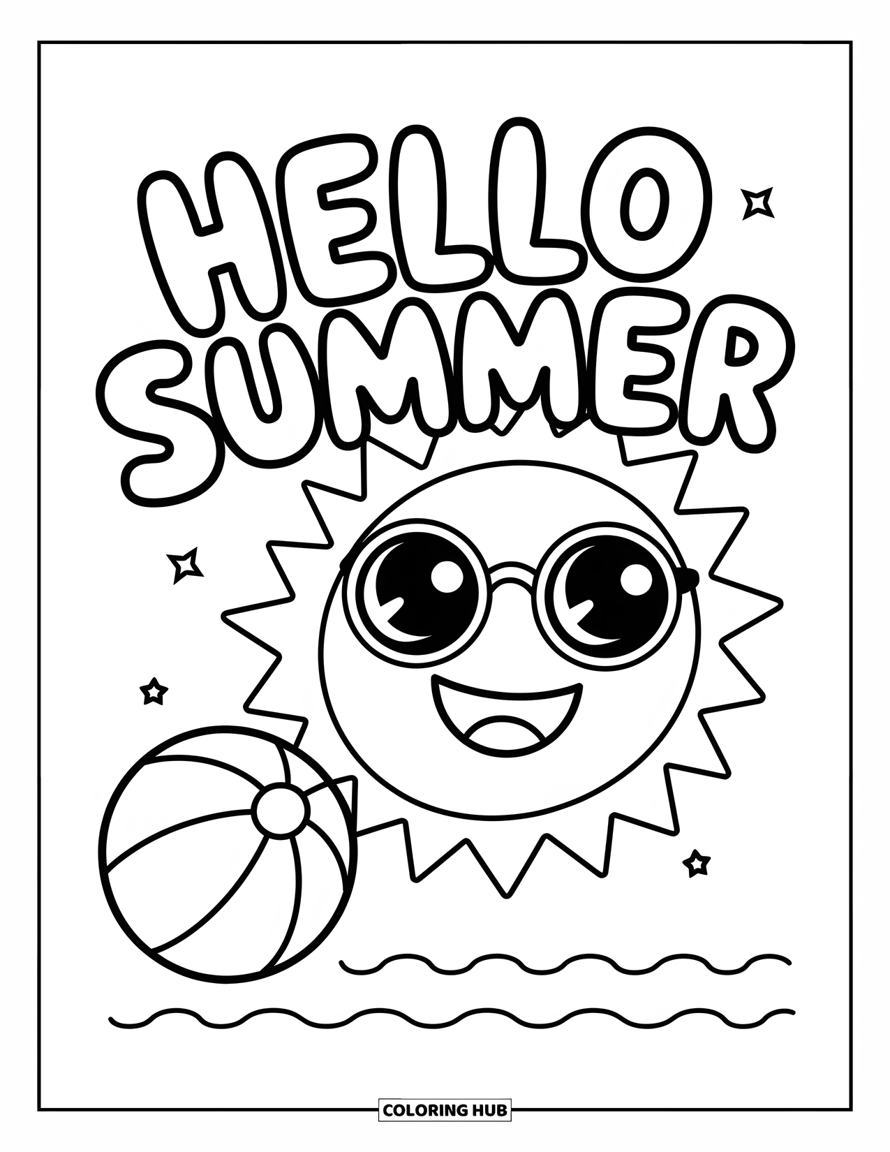 Hello Summer Coloring Page for Kids: A cheerful sun in shades shines over a beachy "Hello Summer" greeting