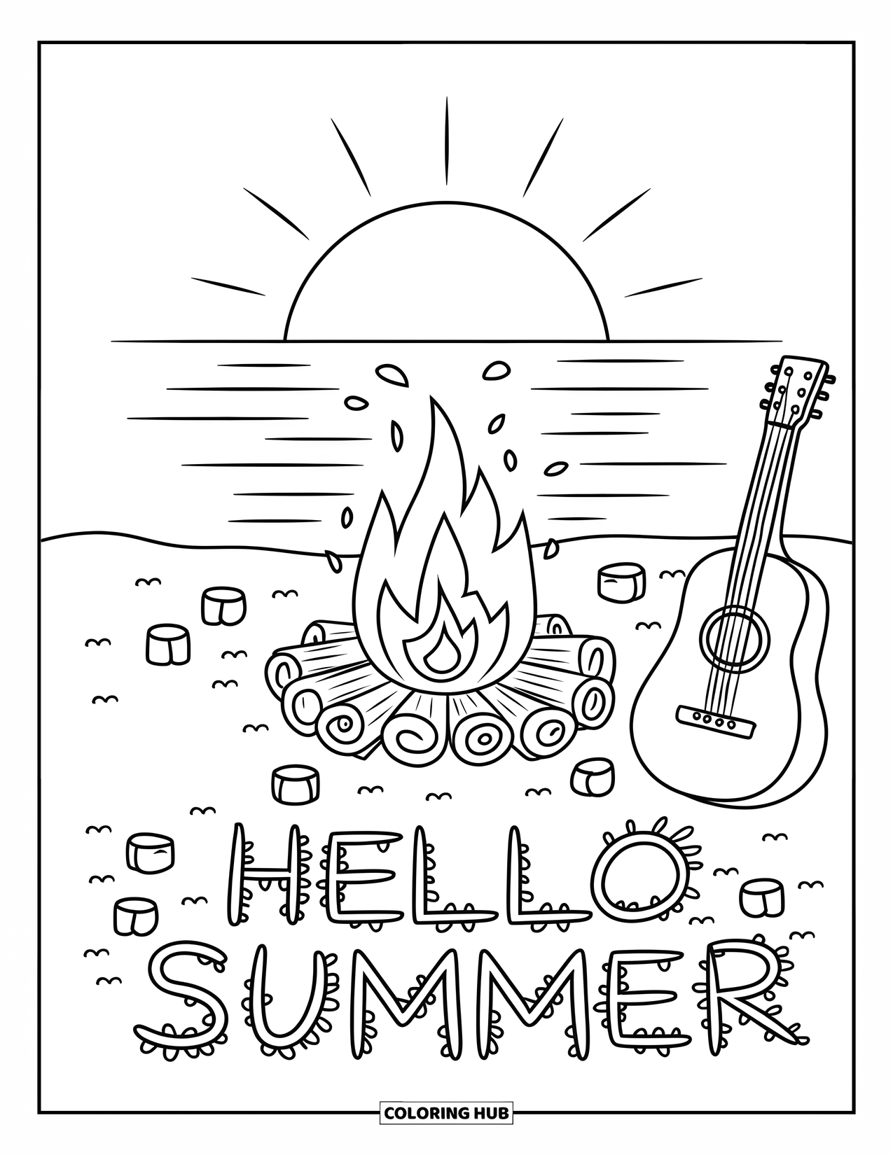 Hello Summer Coloring Page for Kids: A cozy beach fire with sunset views and "Hello Summer" in the sand