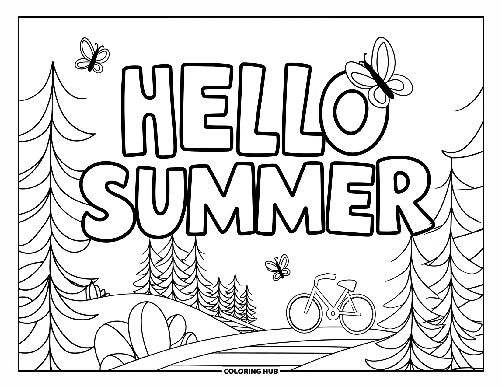 Hello Summer Coloring Page for Kids: A cozy bike path with trees, a bike, and floating "Hello Summer" text