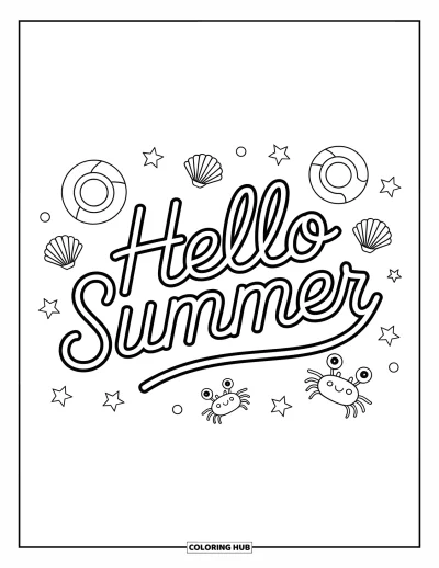 Hello Summer Coloring Page for Kids: A cute crab, seashells, and floaty rings frame a fun "Hello Summer" greeting
