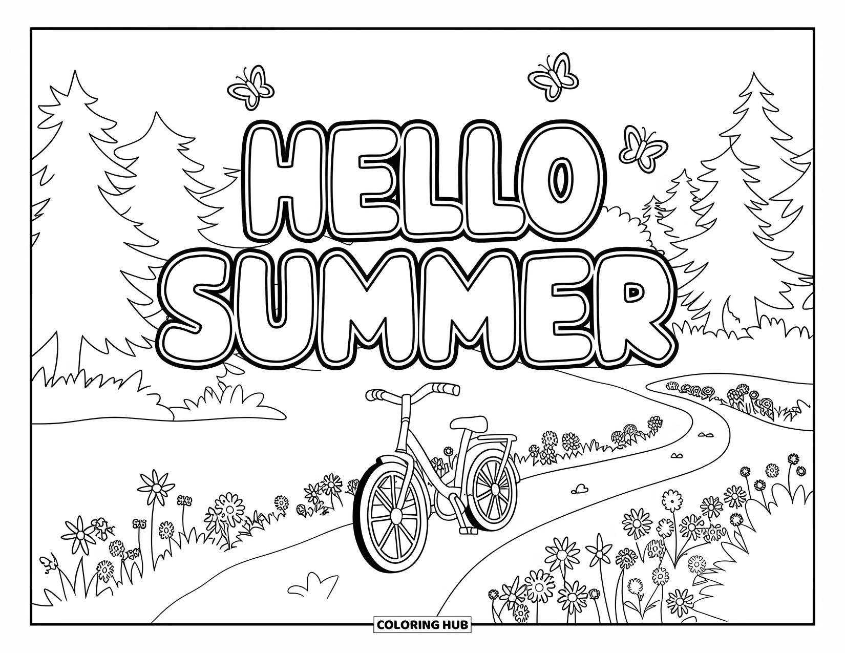 Hello Summer Coloring Page for Kids: A forest trail with a parked bike and butterflies under "Hello Summer"