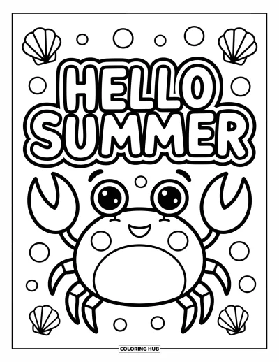 Hello Summer Coloring Page for Kids: A happy crab waves under a big "Hello Summer" sign with seashells nearby