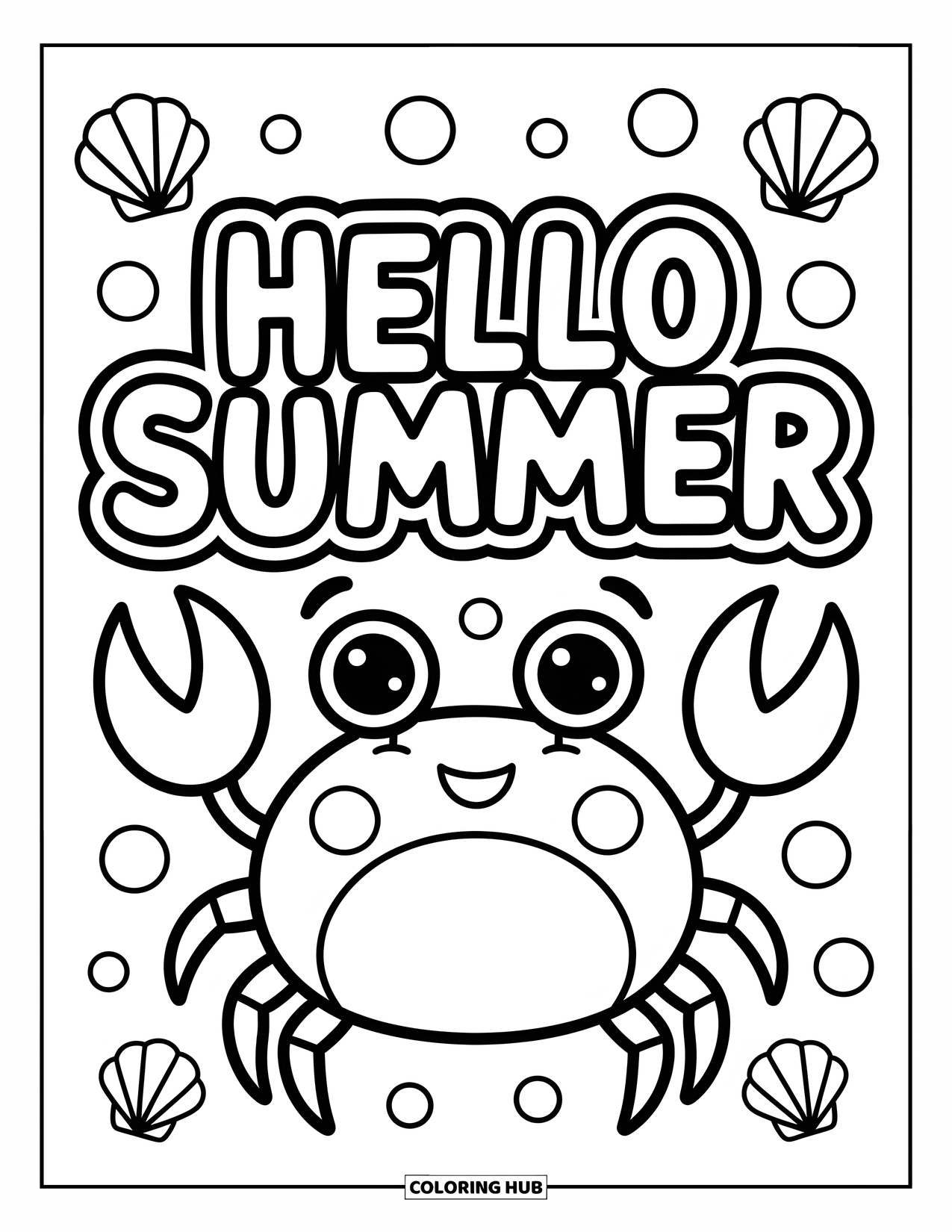 Hello Summer Coloring Page for Kids: A happy crab waves under a big "Hello Summer" sign with seashells nearby