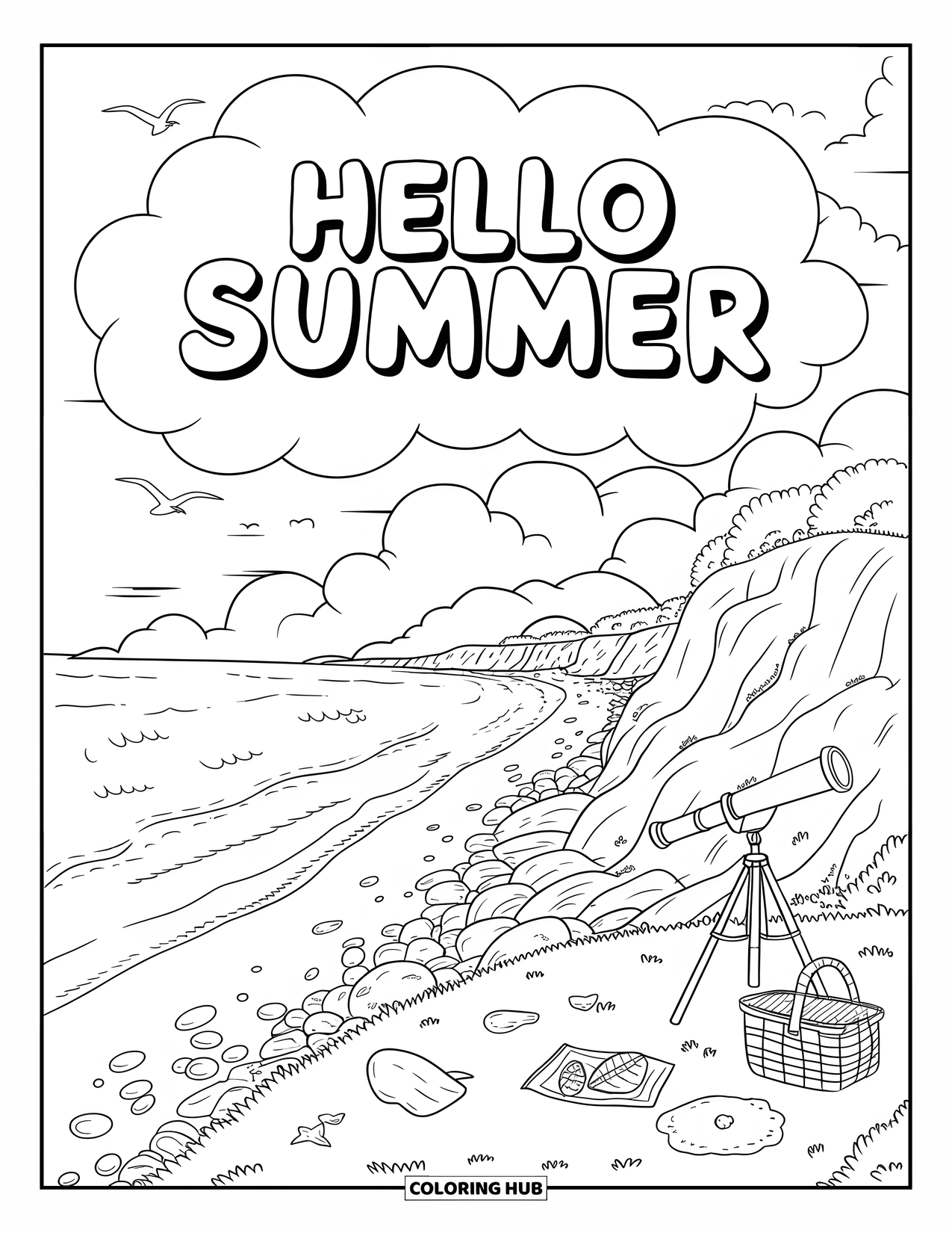 Hello Summer Coloring Page for Kids: A quiet beach with a telescope, picnic basket, and "Hello Summer" cloud text