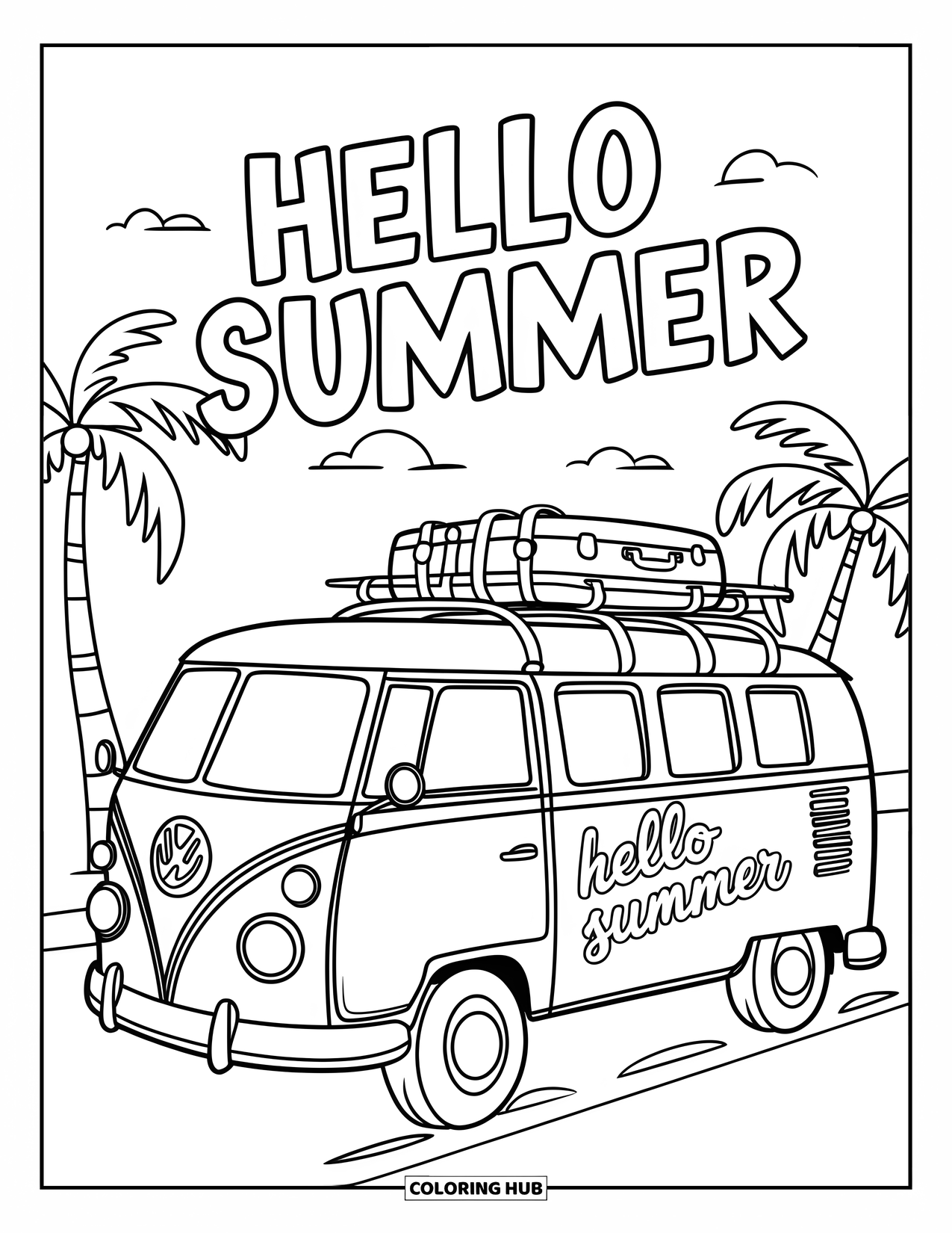 Hello Summer Coloring Page for Kids: A retro van with suitcases and "Hello Summer" on the beach road