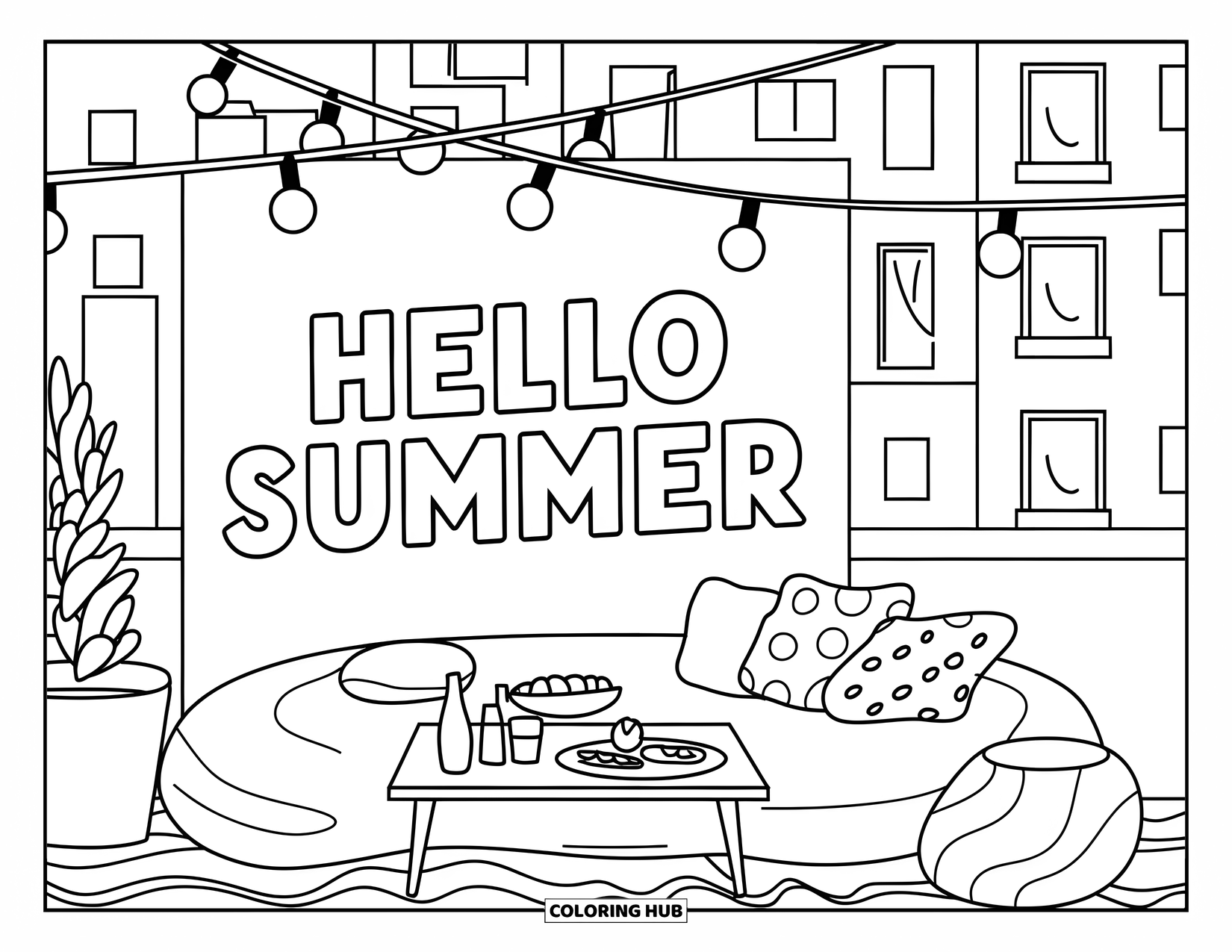 Hello Summer Coloring Page for Kids: A rooftop hangout with lights, snacks, pillows, and "Hello Summer" on the wall