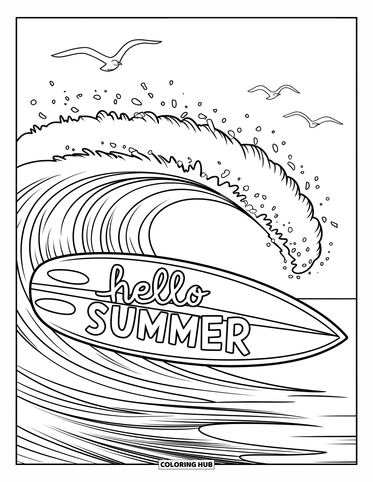 Hello Summer Coloring Page for Kids: A summer surf scene with crashing wave and "Hello Summer" on the surfboard