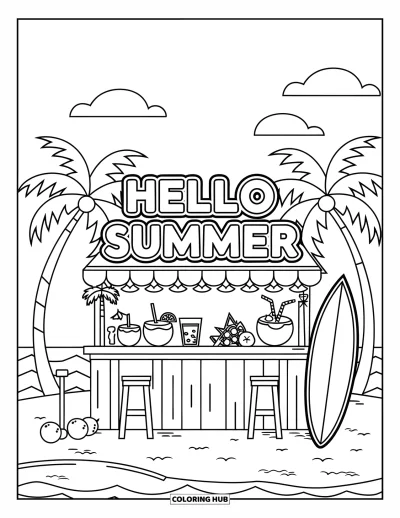 Hello Summer Coloring Page for Kids: A sunny beach bar with palm trees and a sign that reads "Hello Summer"