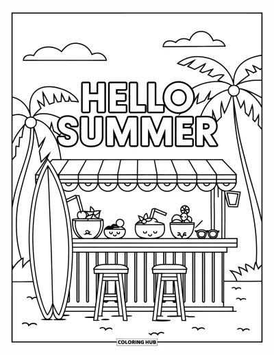 Hello Summer Coloring Page for Kids: A tropical beach bar serves coconut drinks under a cheerful "Hello Summer" sign