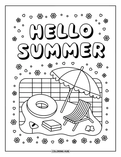 Hello Summer Coloring Page for Kids: Floaties and a towel rest poolside beneath a cheerful "Hello Summer" sign