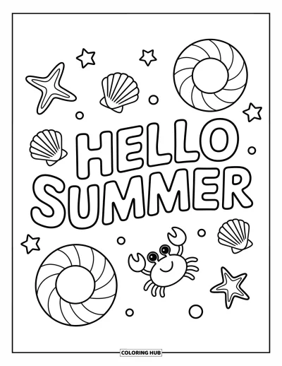 Hello Summer Coloring Page for Kids: "Hello Summer" floats with swim rings and a happy crab in a playful beach scene