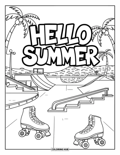 Hello Summer Coloring Page for Kids: Palm trees and ramps surround a skate park with "Hello Summer" in graffiti style