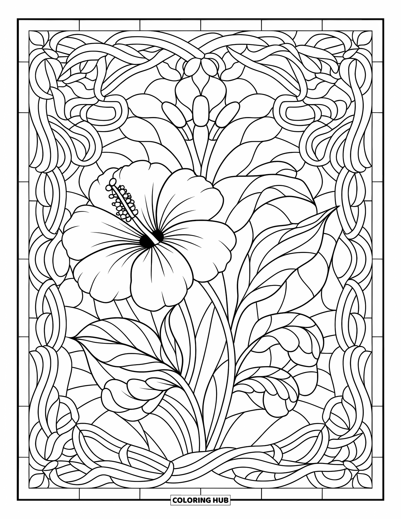 Hibiscus Coloring Page for Adults: A full stained-glass page with a large hibiscus and swirling florals