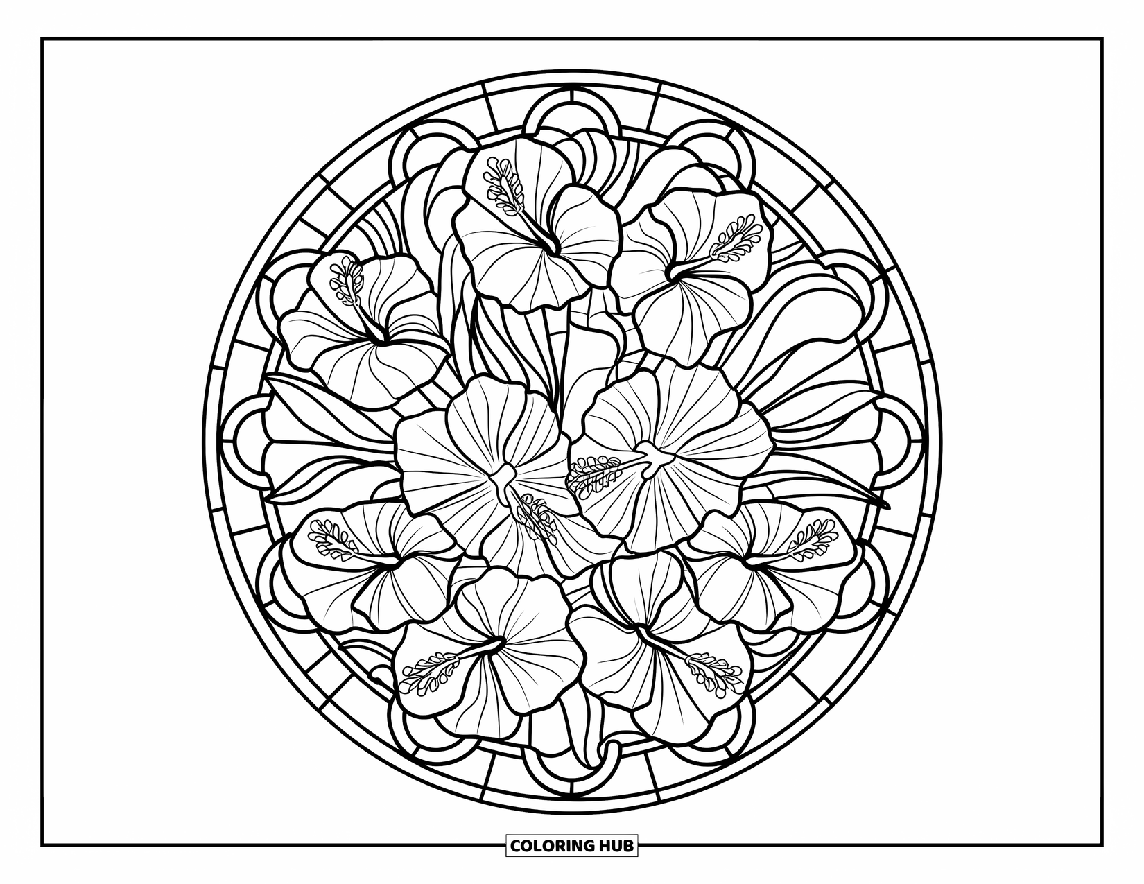 Hibiscus Coloring Page for Adults: A round stained-glass window filled with detailed hibiscus flower patterns