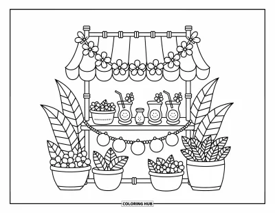 Desenho de hibisco para colorir para adultos: Barraca de bambu com guirlanda de hibisco e guloseimas tropicais