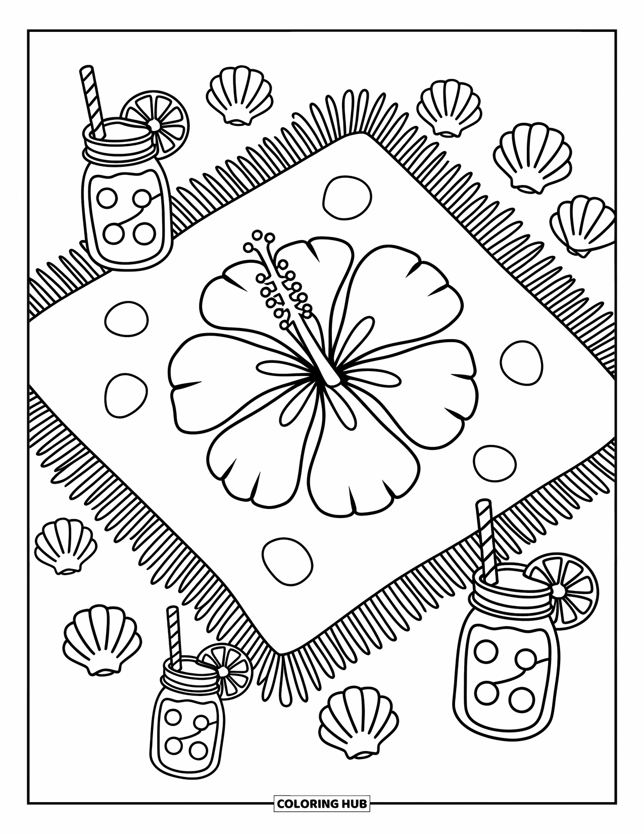 Hibiscus Coloring Page for Adults: Beach picnic blanket with a giant hibiscus umbrella and lemonade jars