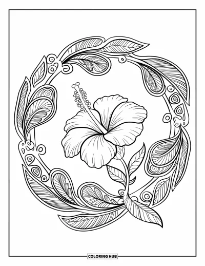 Desenho de hibisco para colorir para adultos: Hibisco florido envolto em elegantes espirais de mandala com folhagem