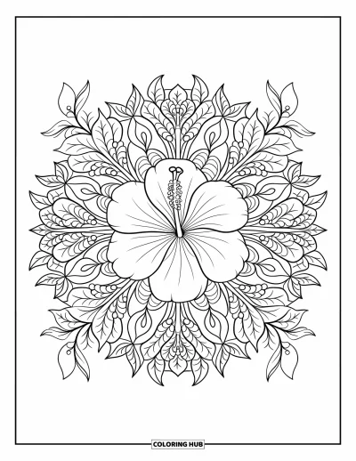 Desenho de hibisco para colorir para adultos: Flor de hibisco centralizada em uma mandala botânica completa