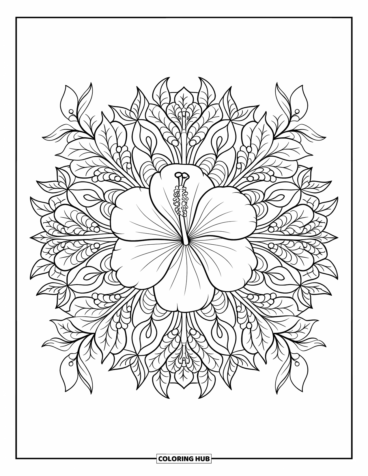 Hibiscus Coloring Page for Adults: Centered hibiscus bloom in a full botanical mandala