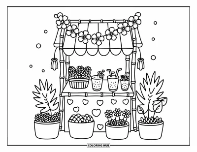 Desenho de hibisco para colorir para adultos: Barraquinha charmosa com bebidas de hibisco e cestas com folhagem