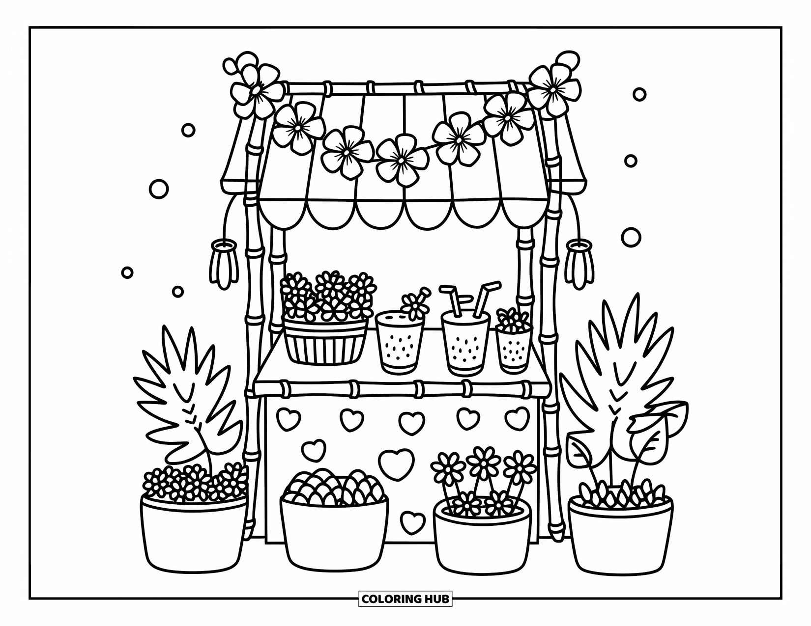 Hibiscus Coloring Page for Adults: Charming stall with hibiscus drinks and leafy baskets