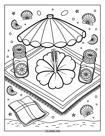 Desenho de hibisco para colorir para adultos: Piquenique acolhedor com sombra de hibisco e borda de conchas