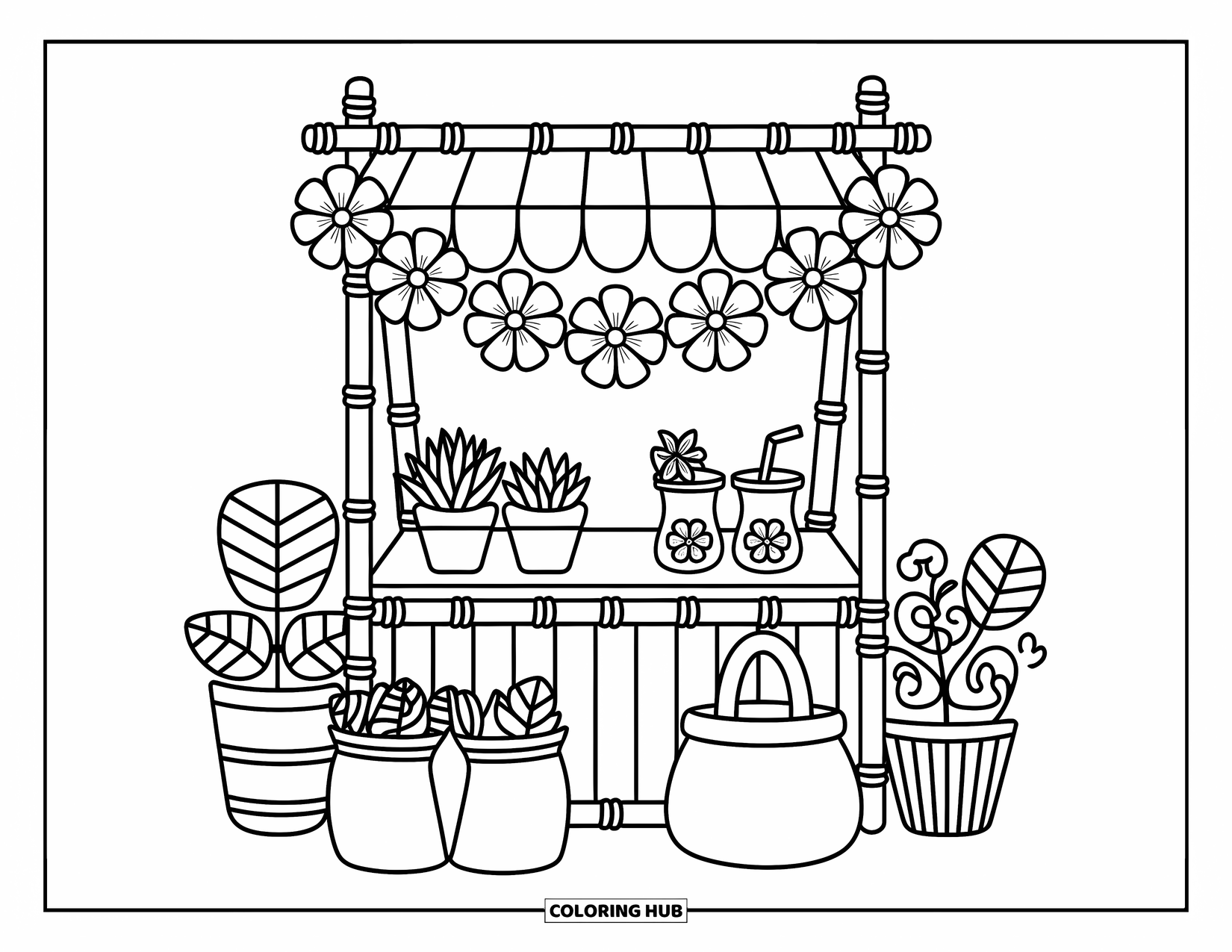 Hibiscus Coloring Page for Adults: Cute market stand with petal snacks and hibiscus decorations