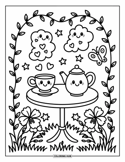 Desenho de hibisco para colorir para adultos: Charmosa mesa de chá com corações de vapor, hibisco e uma borboleta