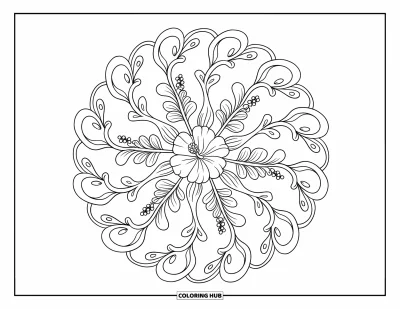 Desenho de hibisco para colorir para adultos: Buquê delicado de hibiscos no centro de uma mandala tranquila com vinhas