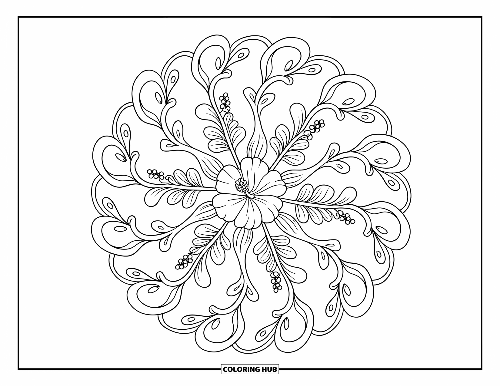 Hibiscus Coloring Page for Adults: Delicate hibiscus bouquet at the center of a calm, vine-filled mandala