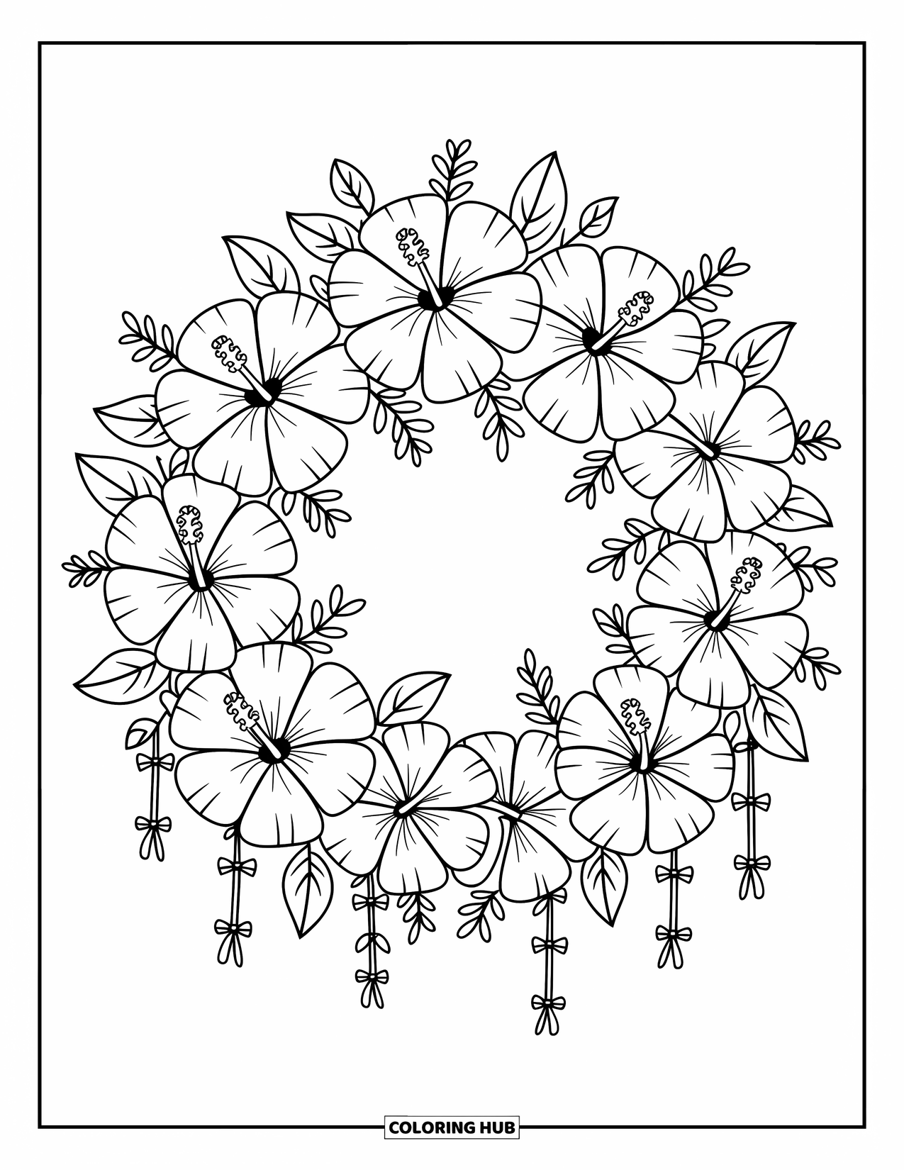 Hibiscus Coloring Page for Adults: Floating hibiscus wreath with bows, ribbons, and soft leaves