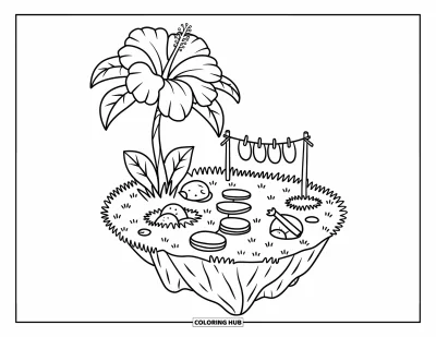 Desenho de hibisco para colorir para adultos: Ilha flutuante com uma árvore de hibisco, caminho delicado e varais charmosos