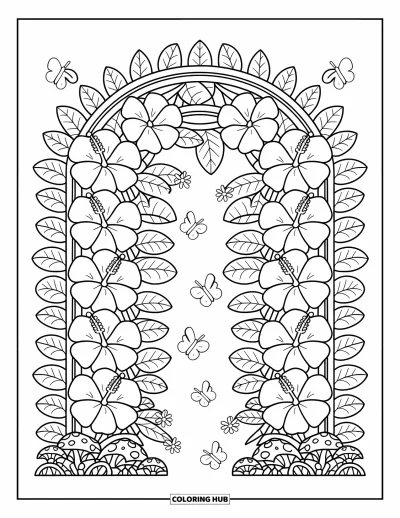 Desenho de hibisco para colorir para adultos: Treliça coberta de flores com cogumelos, borboletas e magia de jardim