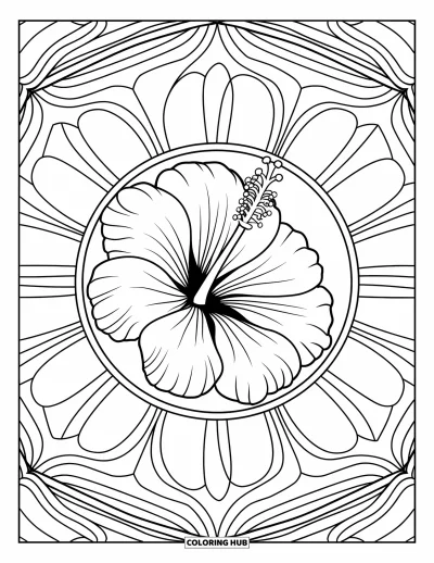Desenho de hibisco para colorir para adultos: Flor de hibisco no centro de uma mandala caleidoscópica marcante